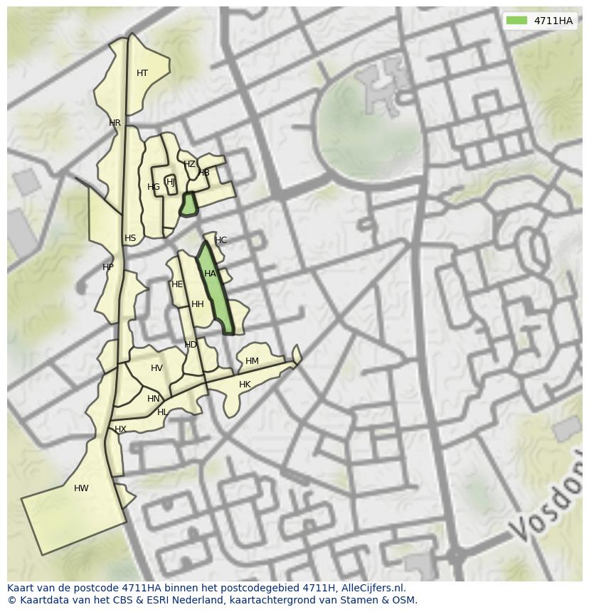 Afbeelding van het postcodegebied 4711 HA op de kaart.