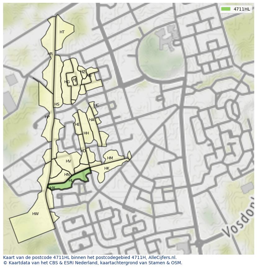 Afbeelding van het postcodegebied 4711 HL op de kaart.