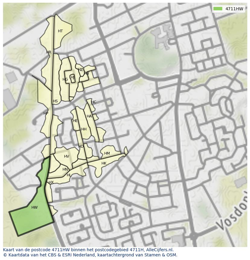 Afbeelding van het postcodegebied 4711 HW op de kaart.