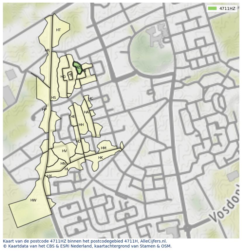 Afbeelding van het postcodegebied 4711 HZ op de kaart.