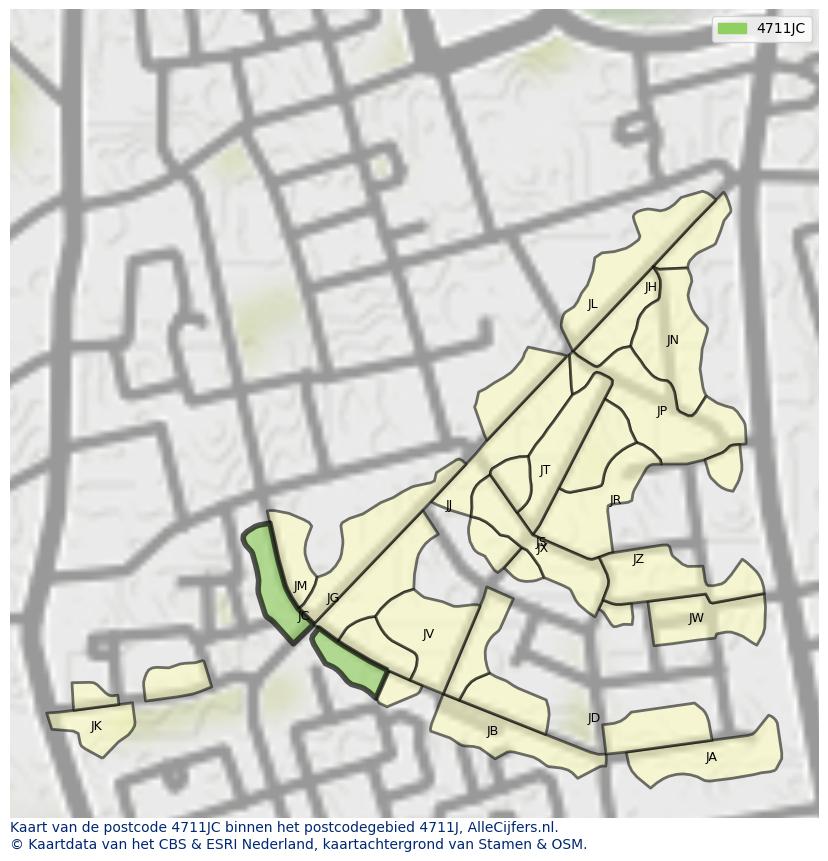 Afbeelding van het postcodegebied 4711 JC op de kaart.