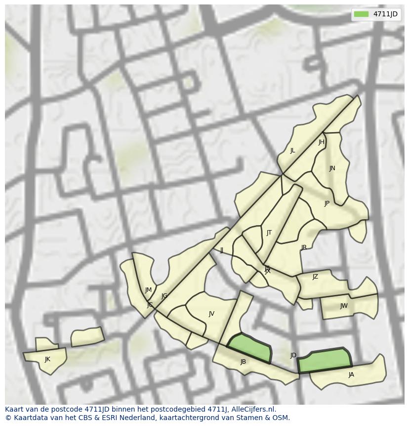 Afbeelding van het postcodegebied 4711 JD op de kaart.