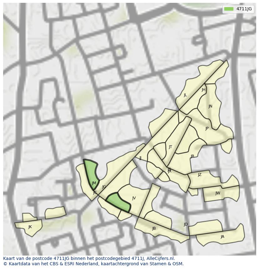 Afbeelding van het postcodegebied 4711 JG op de kaart.