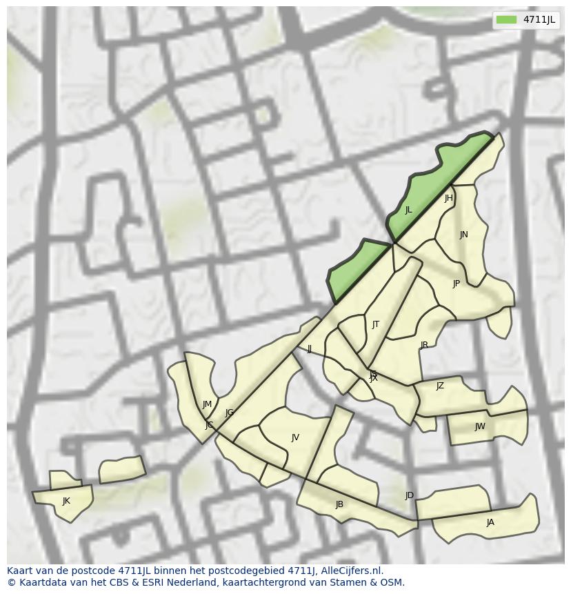 Afbeelding van het postcodegebied 4711 JL op de kaart.
