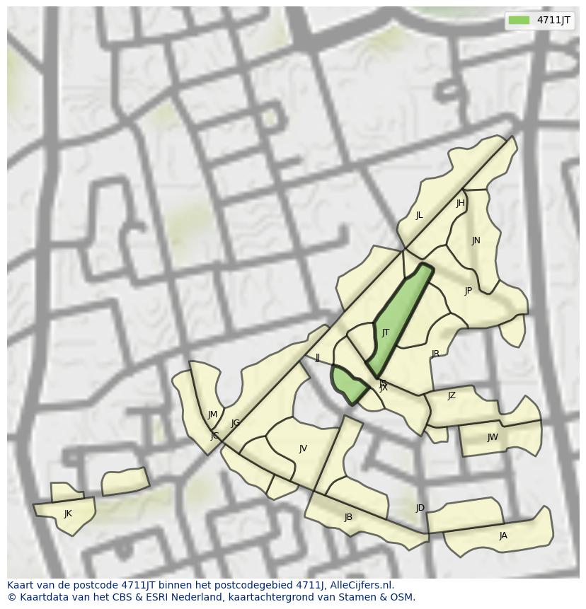 Afbeelding van het postcodegebied 4711 JT op de kaart.