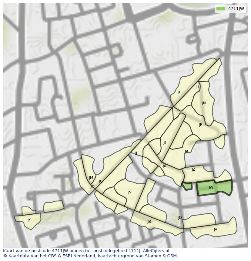 Afbeelding van het postcodegebied 4711 JW op de kaart.