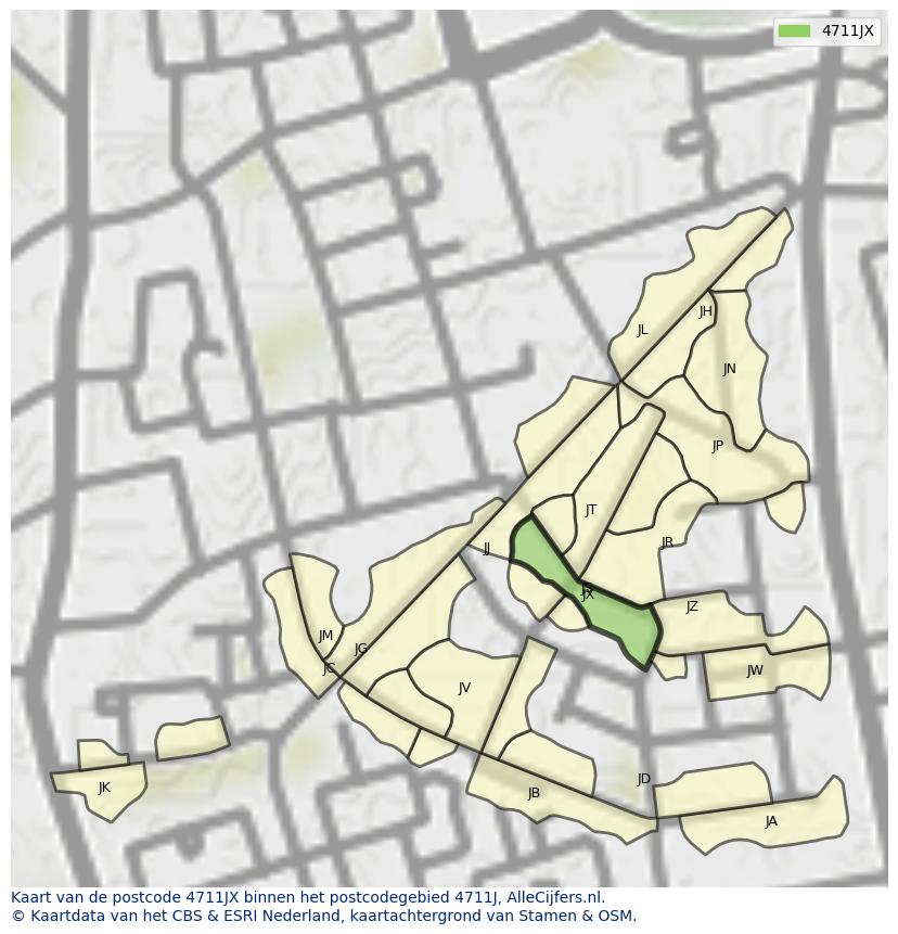 Afbeelding van het postcodegebied 4711 JX op de kaart.