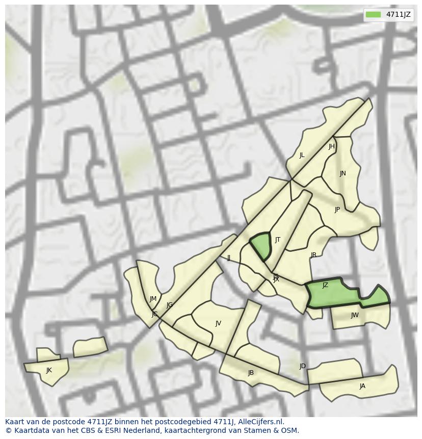 Afbeelding van het postcodegebied 4711 JZ op de kaart.