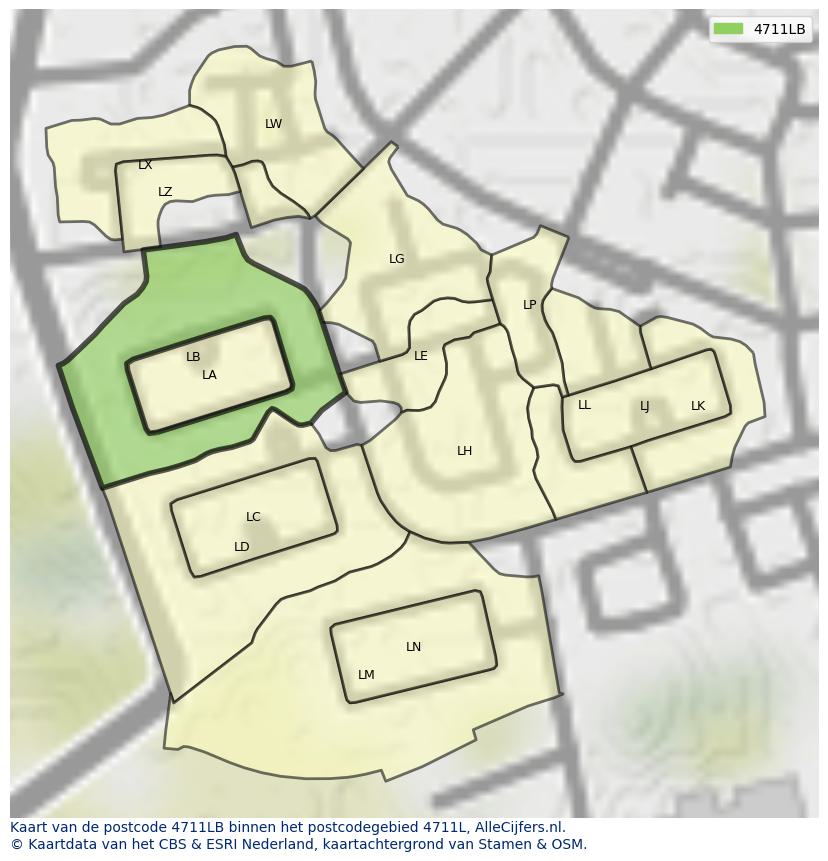 Afbeelding van het postcodegebied 4711 LB op de kaart.