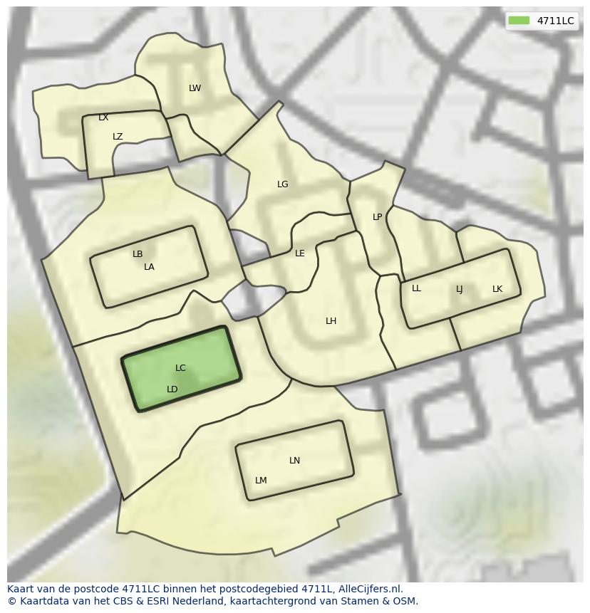 Afbeelding van het postcodegebied 4711 LC op de kaart.