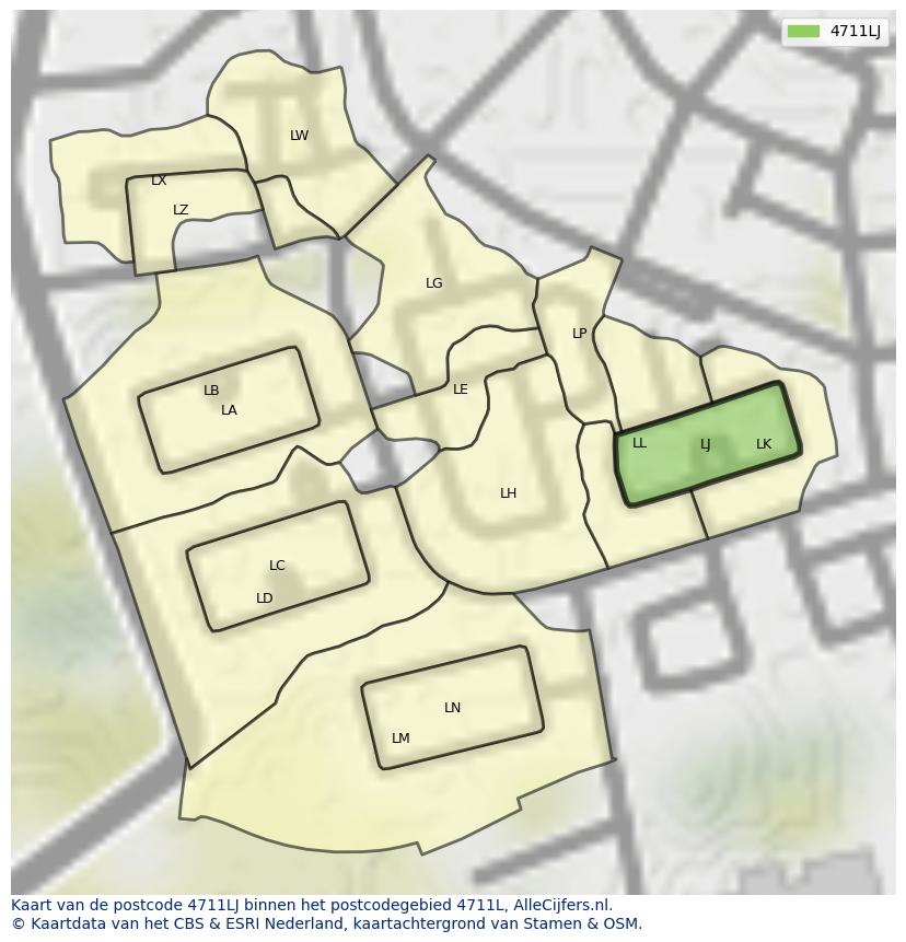 Afbeelding van het postcodegebied 4711 LJ op de kaart.