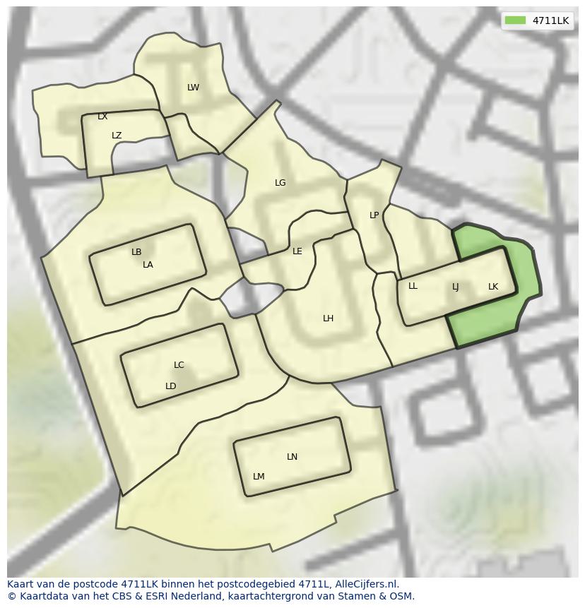Afbeelding van het postcodegebied 4711 LK op de kaart.