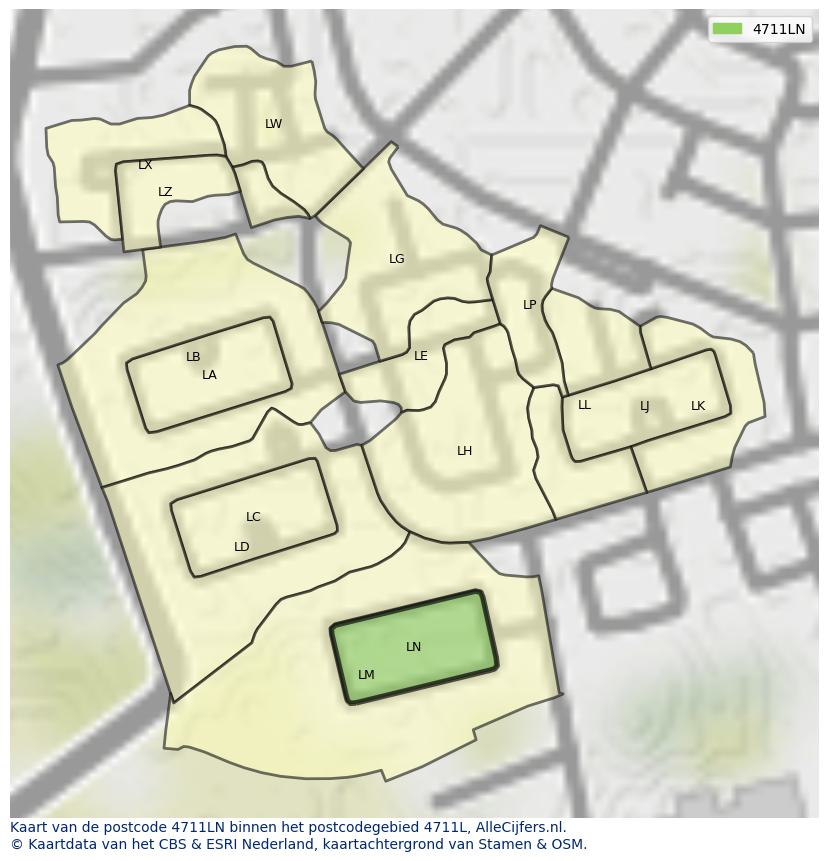 Afbeelding van het postcodegebied 4711 LN op de kaart.