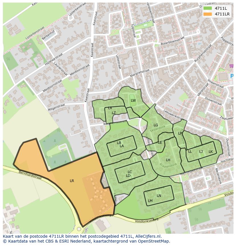 Afbeelding van het postcodegebied 4711 LR op de kaart.