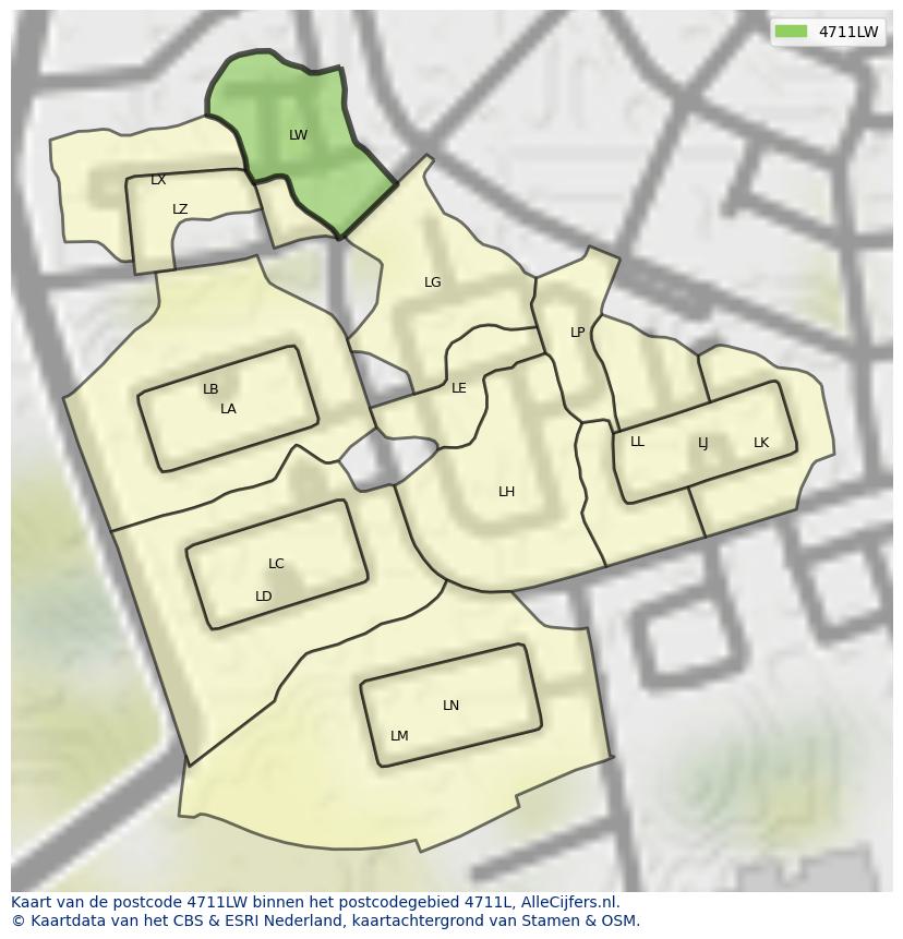 Afbeelding van het postcodegebied 4711 LW op de kaart.