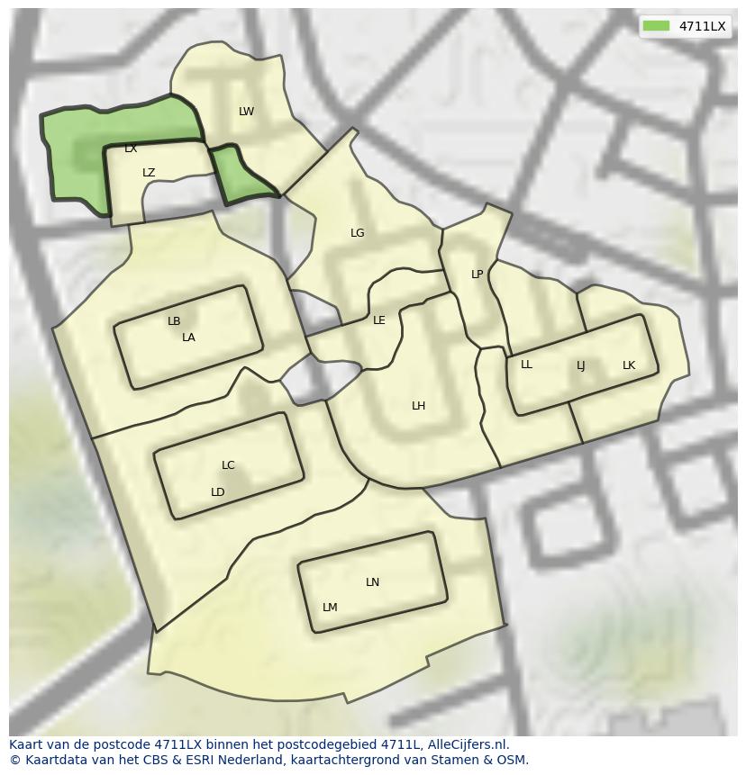 Afbeelding van het postcodegebied 4711 LX op de kaart.