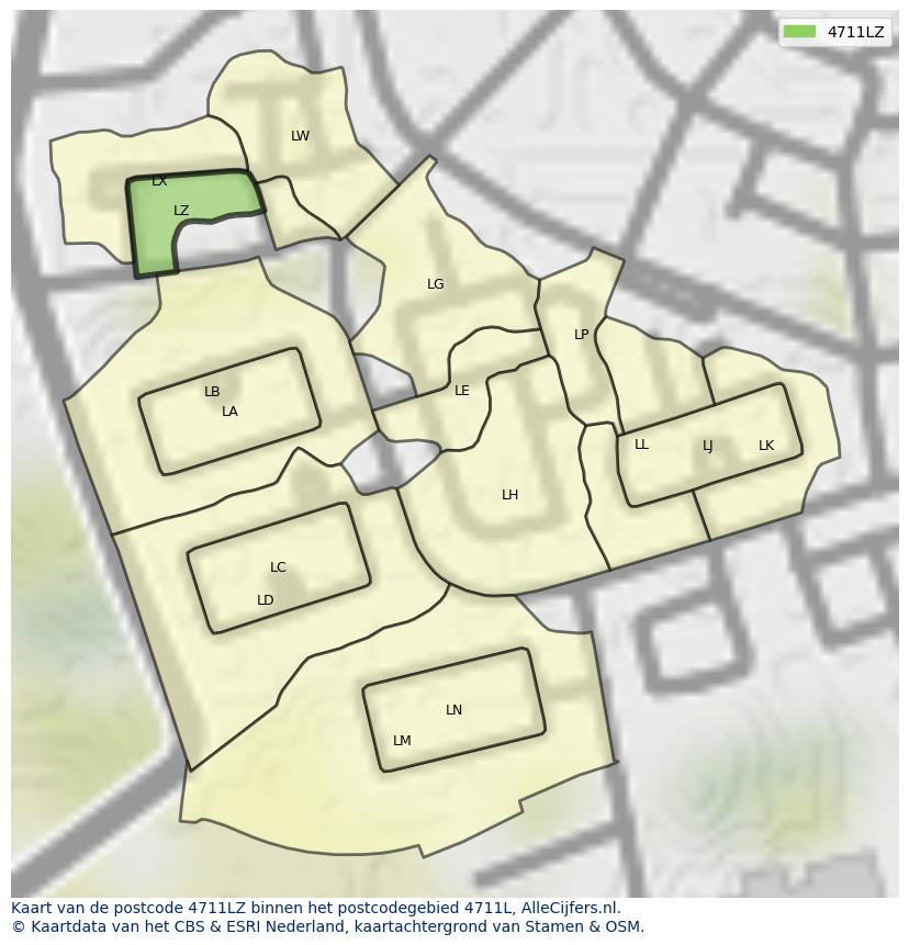 Afbeelding van het postcodegebied 4711 LZ op de kaart.