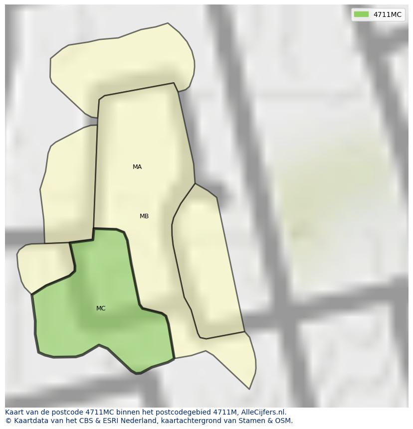 Afbeelding van het postcodegebied 4711 MC op de kaart.