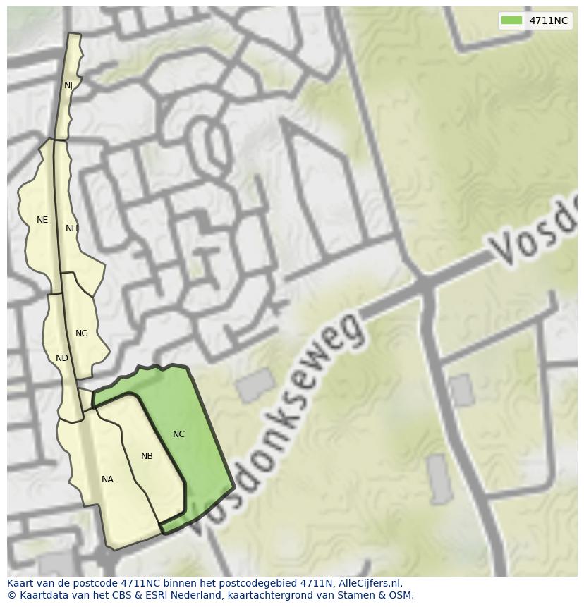 Afbeelding van het postcodegebied 4711 NC op de kaart.