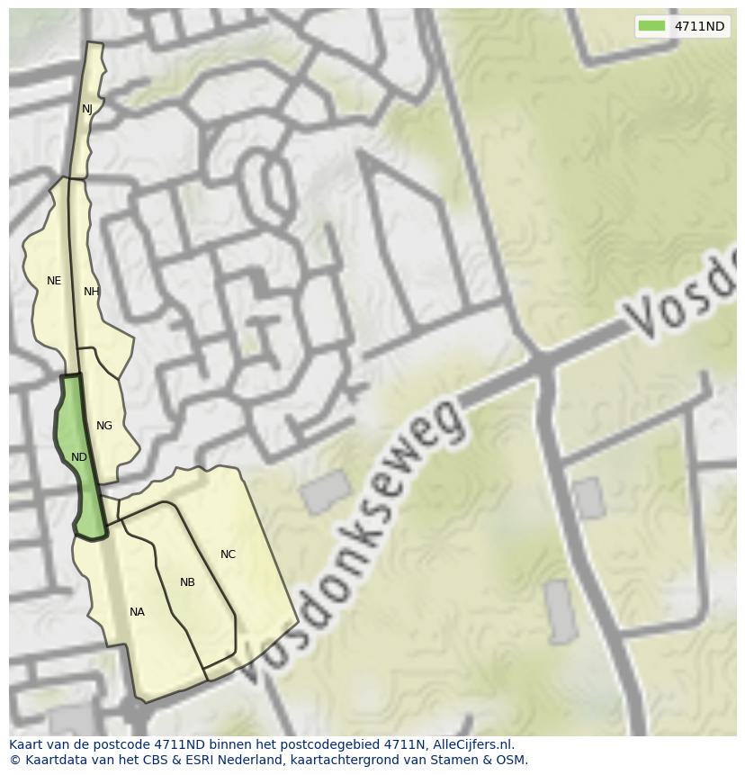 Afbeelding van het postcodegebied 4711 ND op de kaart.