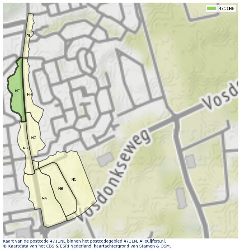 Afbeelding van het postcodegebied 4711 NE op de kaart.
