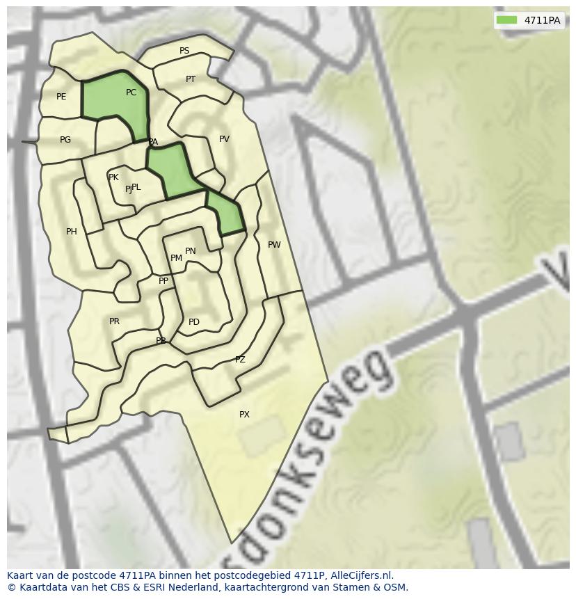 Afbeelding van het postcodegebied 4711 PA op de kaart.