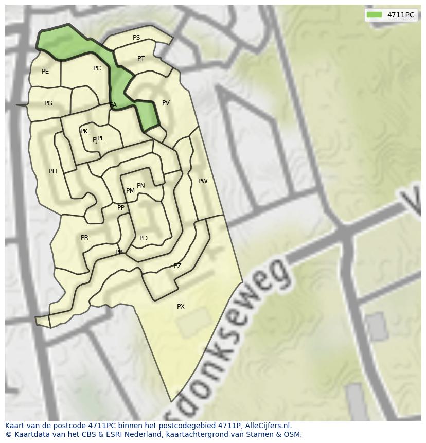 Afbeelding van het postcodegebied 4711 PC op de kaart.