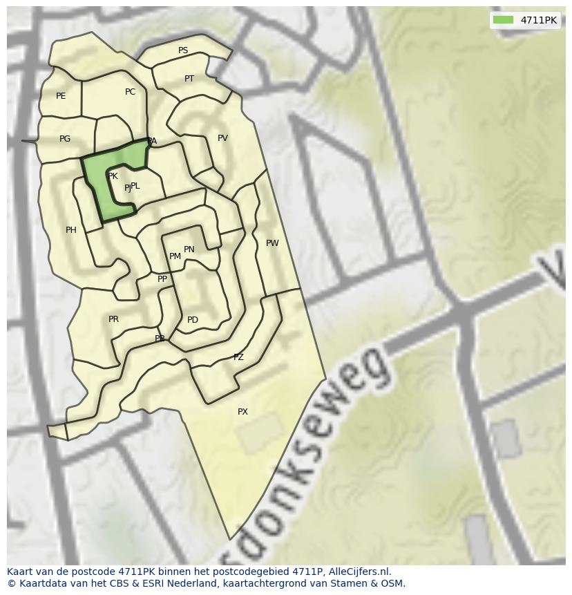 Afbeelding van het postcodegebied 4711 PK op de kaart.