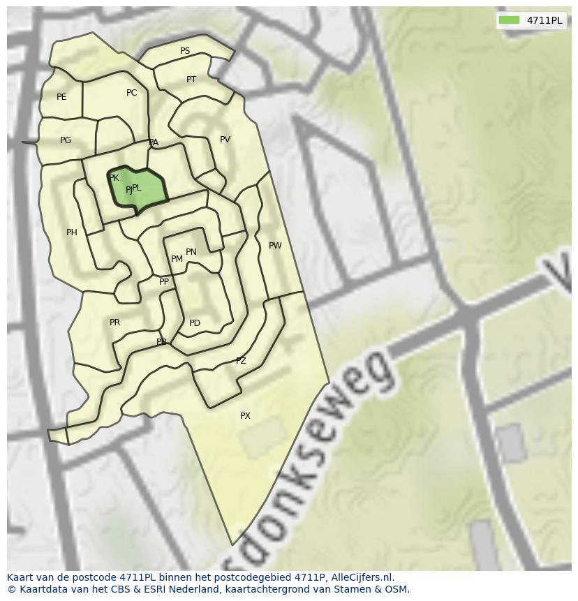 Afbeelding van het postcodegebied 4711 PL op de kaart.
