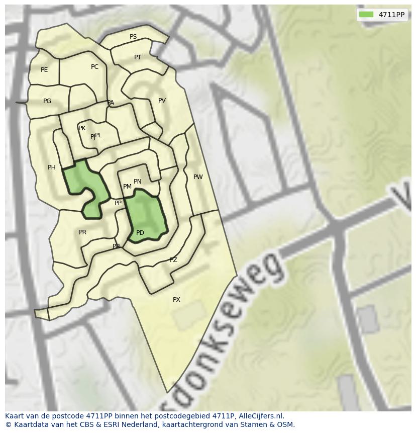 Afbeelding van het postcodegebied 4711 PP op de kaart.