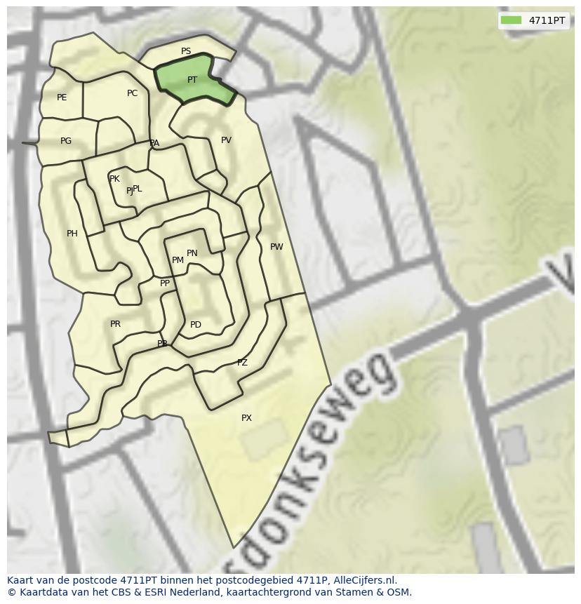 Afbeelding van het postcodegebied 4711 PT op de kaart.