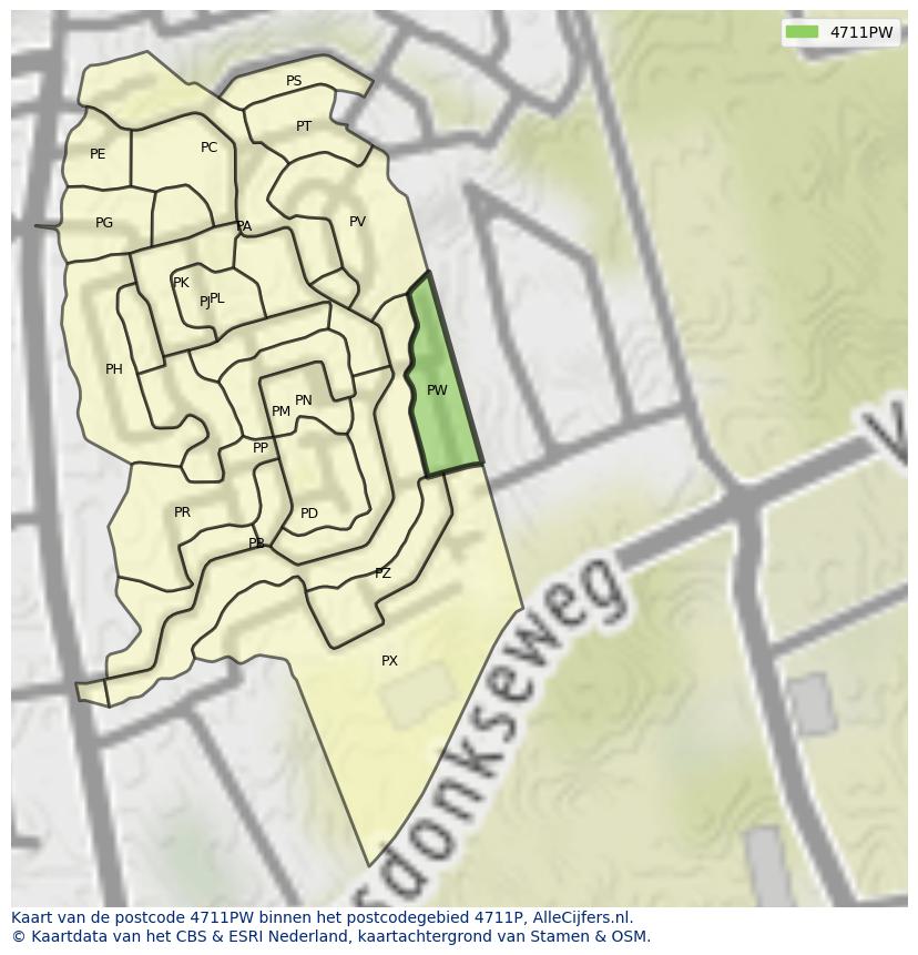 Afbeelding van het postcodegebied 4711 PW op de kaart.