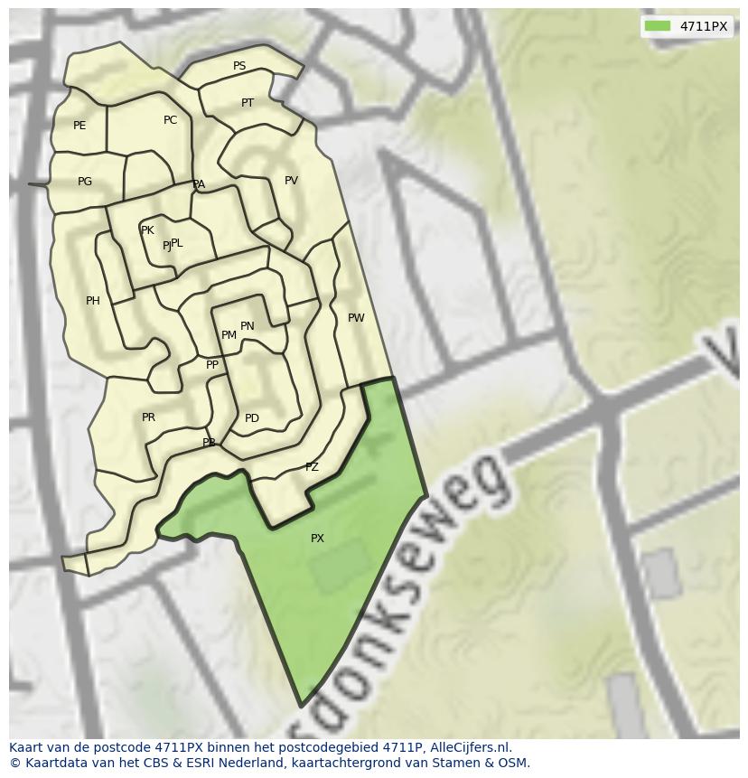 Afbeelding van het postcodegebied 4711 PX op de kaart.