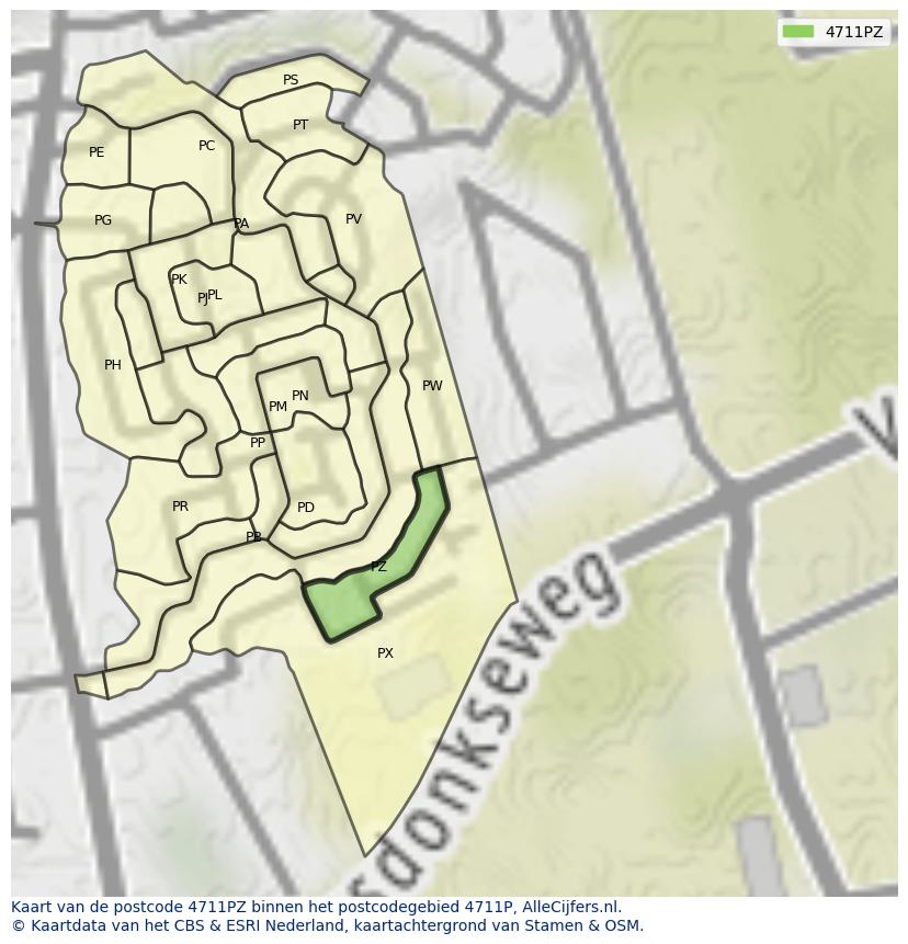Afbeelding van het postcodegebied 4711 PZ op de kaart.