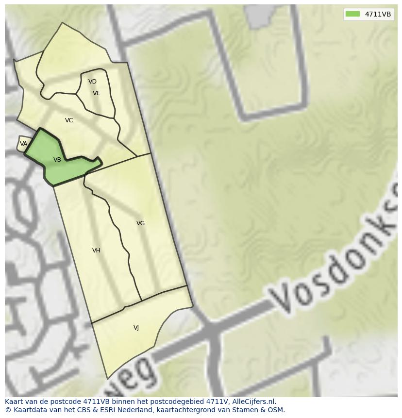 Afbeelding van het postcodegebied 4711 VB op de kaart.