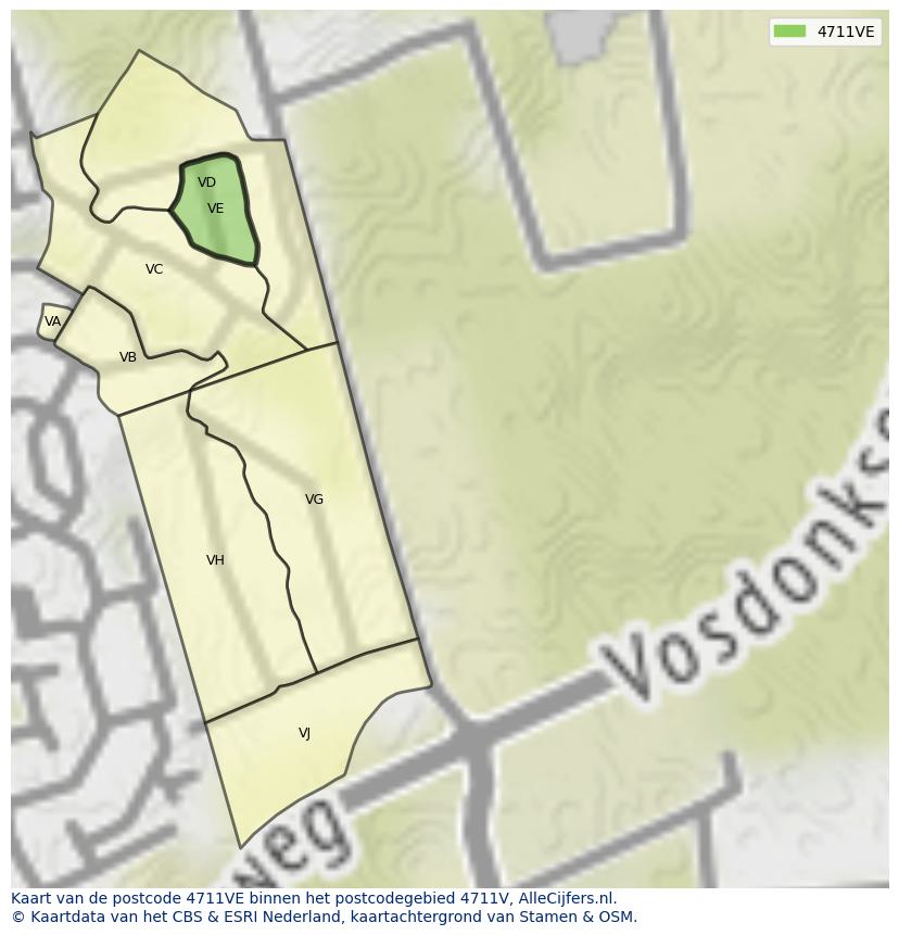 Afbeelding van het postcodegebied 4711 VE op de kaart.