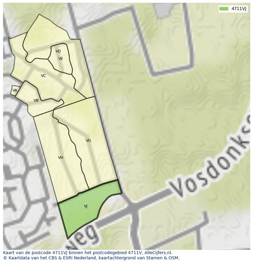 Afbeelding van het postcodegebied 4711 VJ op de kaart.