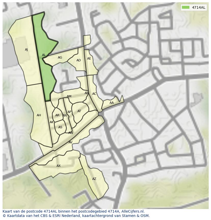 Afbeelding van het postcodegebied 4714 AL op de kaart.
