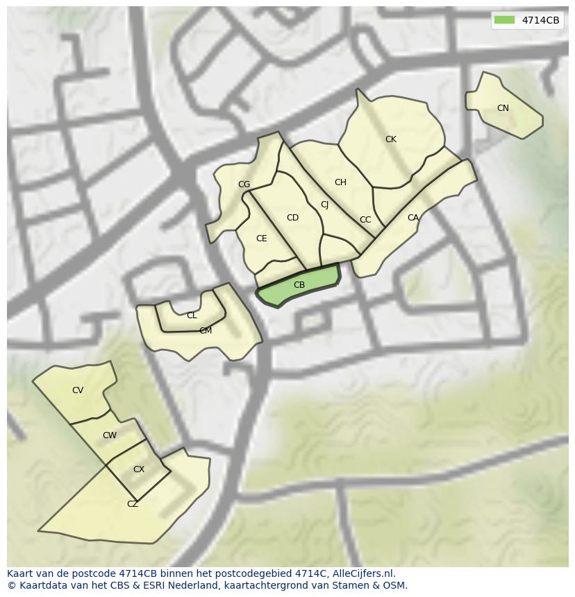 Afbeelding van het postcodegebied 4714 CB op de kaart.