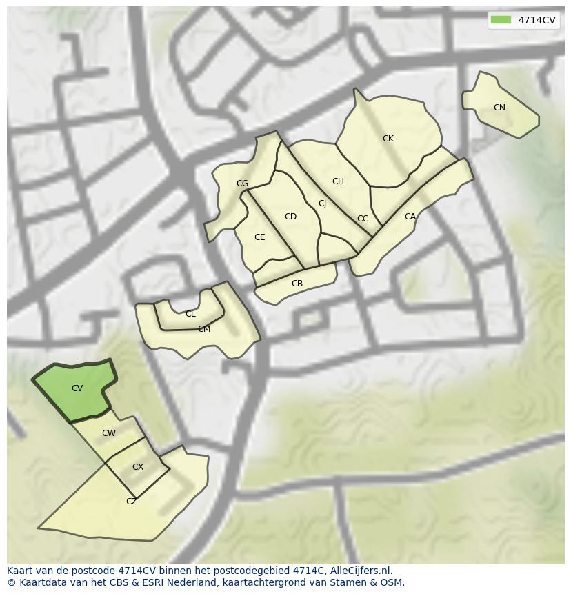 Afbeelding van het postcodegebied 4714 CV op de kaart.