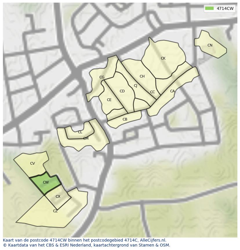 Afbeelding van het postcodegebied 4714 CW op de kaart.
