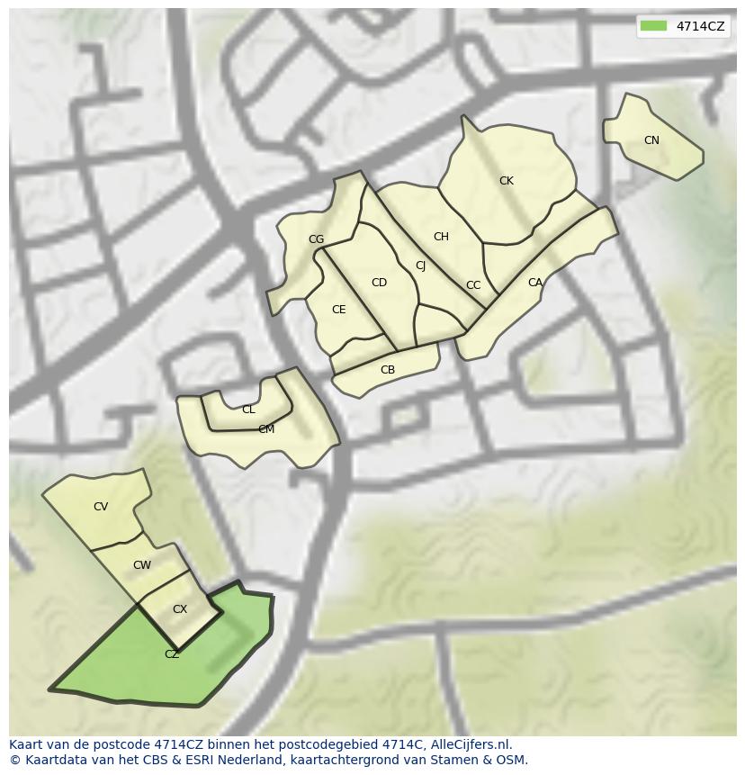 Afbeelding van het postcodegebied 4714 CZ op de kaart.