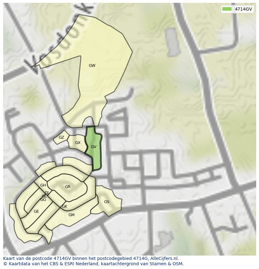 Afbeelding van het postcodegebied 4714 GV op de kaart.