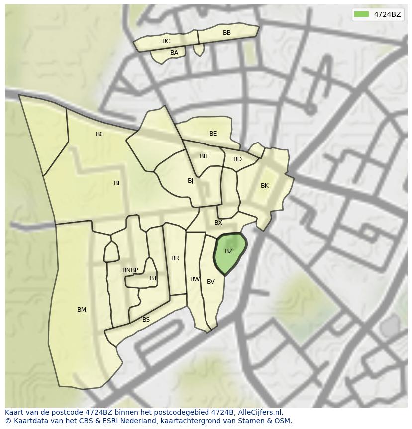 Afbeelding van het postcodegebied 4724 BZ op de kaart.