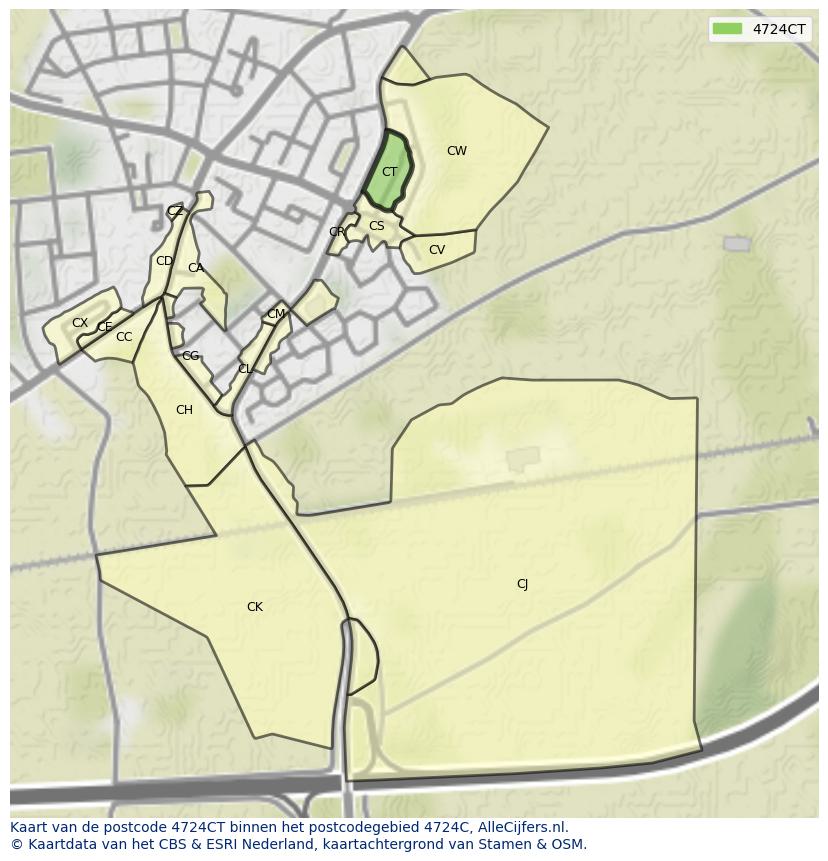 Afbeelding van het postcodegebied 4724 CT op de kaart.