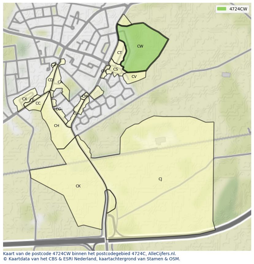 Afbeelding van het postcodegebied 4724 CW op de kaart.