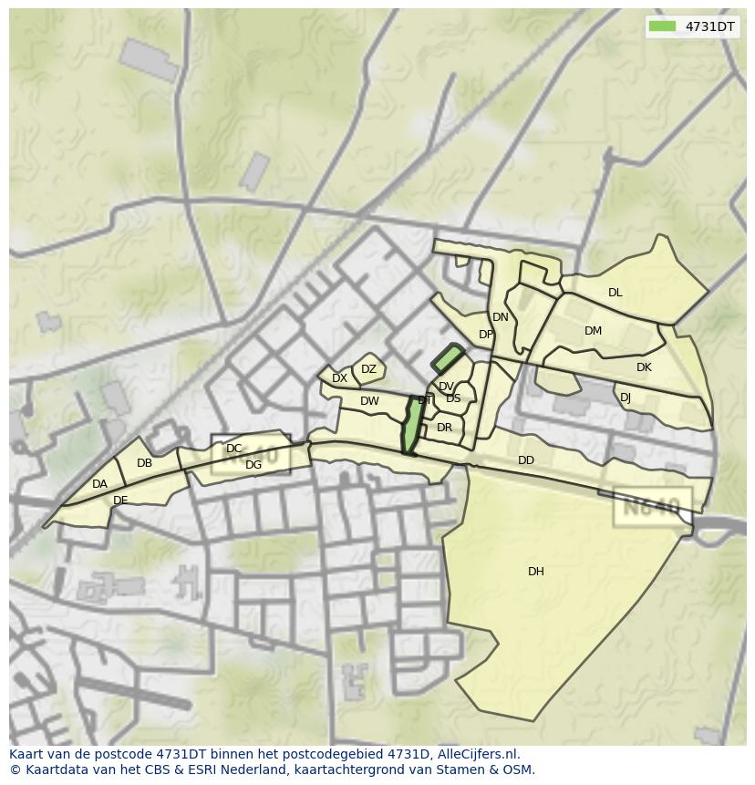 Afbeelding van het postcodegebied 4731 DT op de kaart.
