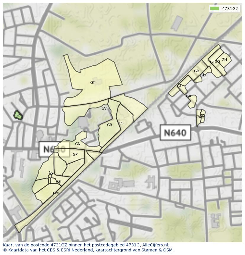 Afbeelding van het postcodegebied 4731 GZ op de kaart.