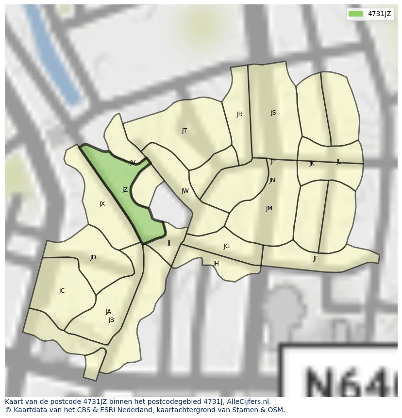 Afbeelding van het postcodegebied 4731 JZ op de kaart.