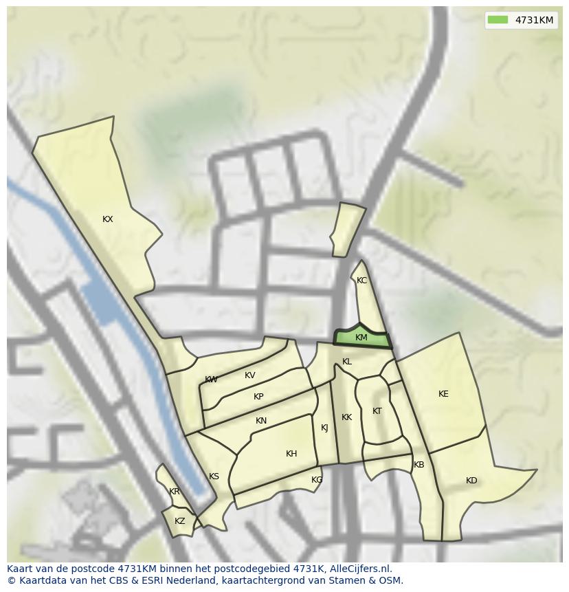 Afbeelding van het postcodegebied 4731 KM op de kaart.